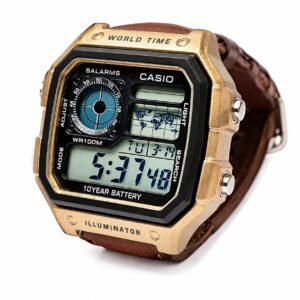 Casio AE-1200WH World Time Digital Watch – Gold Case & Brown Leather Strap